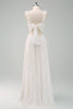 Load image into Gallery viewer, A-Line White Spaghetti Straps Pleated Long Prom Dress with Bow