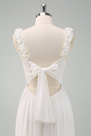 A-Line White Spaghetti Straps Pleated Long Prom Dress with Bow