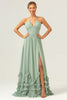 Load image into Gallery viewer, Dusty Sage Halter Ruffled Bridesmaid Dress with Slit