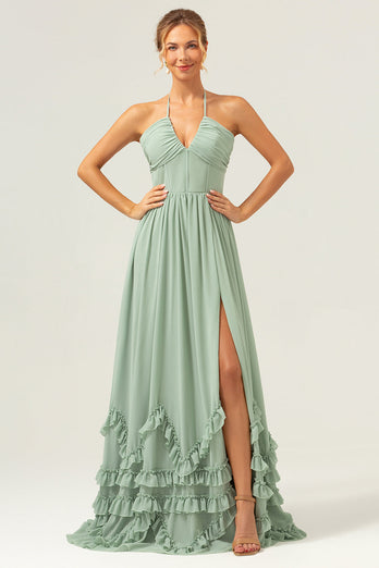 Dusty Sage Halter Ruffled Bridesmaid Dress with Slit