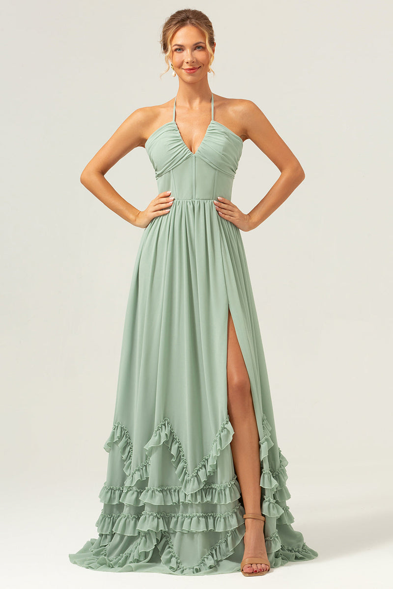 Load image into Gallery viewer, Dusty Sage Halter Corset Ruffled Long Bridesmaid Dress with Slit