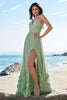 Load image into Gallery viewer, Dusty Sage A-Line Halter Corset Ruffled Long Chiffon Bridesmaid Dress with Slit