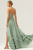 Load image into Gallery viewer, Dusty Sage Halter Corset Ruffled Long Bridesmaid Dress with Slit