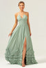 Load image into Gallery viewer, Dusty Sage Halter Corset Ruffled Long Bridesmaid Dress with Slit