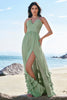 Load image into Gallery viewer, Dusty Sage A-Line Halter Corset Ruffled Long Chiffon Bridesmaid Dress with Slit