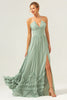 Load image into Gallery viewer, Dusty Sage Halter Corset Ruffled Long Bridesmaid Dress with Slit