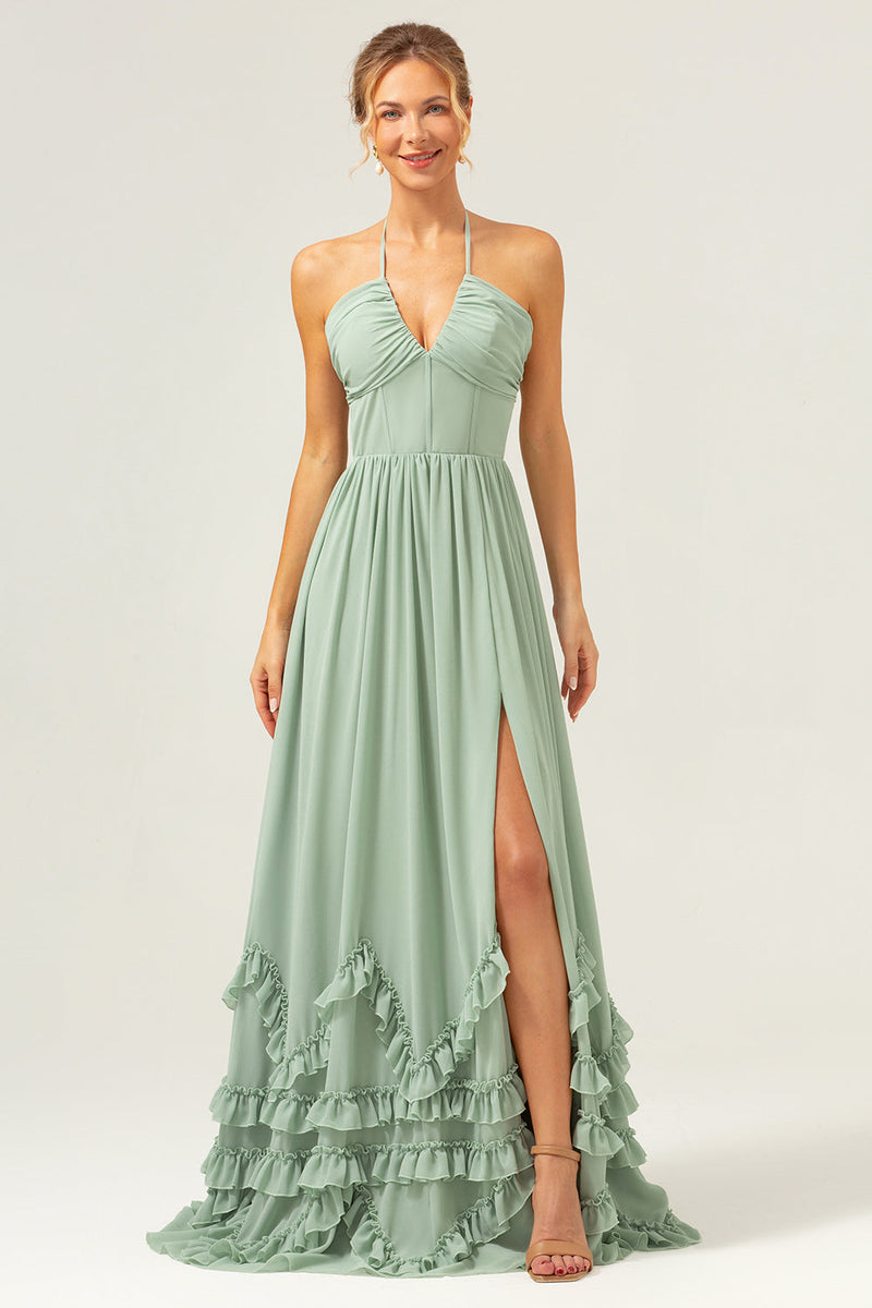 Load image into Gallery viewer, Dusty Sage Halter Corset Ruffled Long Bridesmaid Dress with Slit