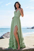 Load image into Gallery viewer, Dusty Sage A-Line Halter Corset Ruffled Long Chiffon Bridesmaid Dress with Slit