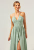 Load image into Gallery viewer, Dusty Sage Halter Corset Ruffled Long Bridesmaid Dress with Slit