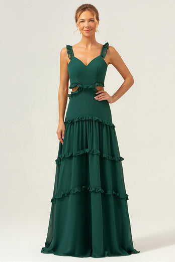 Dark Green A-Line Hollow Out Ruffled Long Bridesmaid Dress