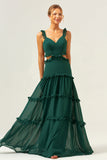 Dark Green A Line Chiffon Ruffled Long Bridesmaid Dress with Hollow Out
