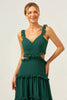 Load image into Gallery viewer, Dark Green A-Line Chiffon Ruffled Long Bridesmaid Dress with Hollow Out