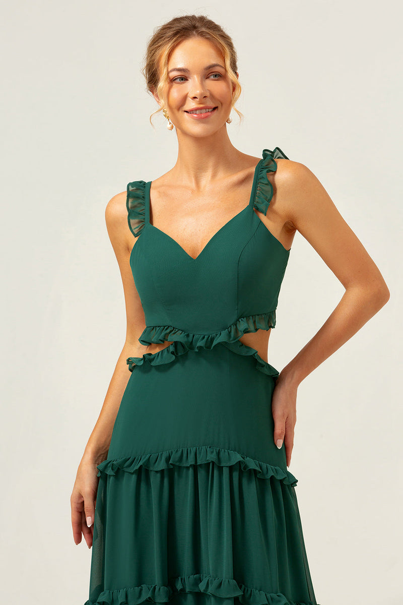 Load image into Gallery viewer, Dark Green A-Line Chiffon Ruffled Long Bridesmaid Dress with Hollow Out