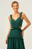 Dark Green A Line Chiffon Ruffled Long Bridesmaid Dress with Hollow Out