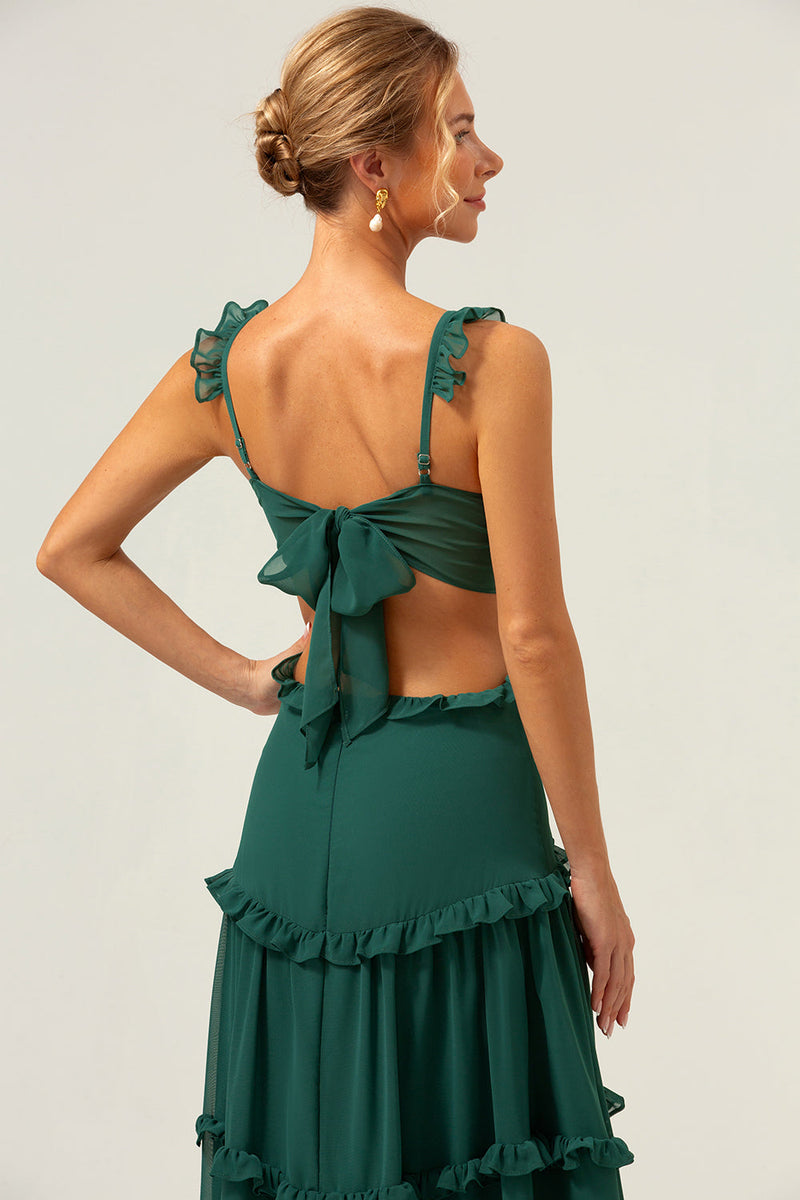 Load image into Gallery viewer, Dark Green A-Line Chiffon Ruffled Long Bridesmaid Dress with Hollow Out