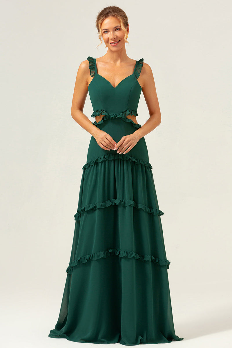 Load image into Gallery viewer, Dark Green A-Line Chiffon Ruffled Long Bridesmaid Dress with Hollow Out