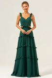 Dark Green A Line Chiffon Ruffled Long Bridesmaid Dress with Hollow Out