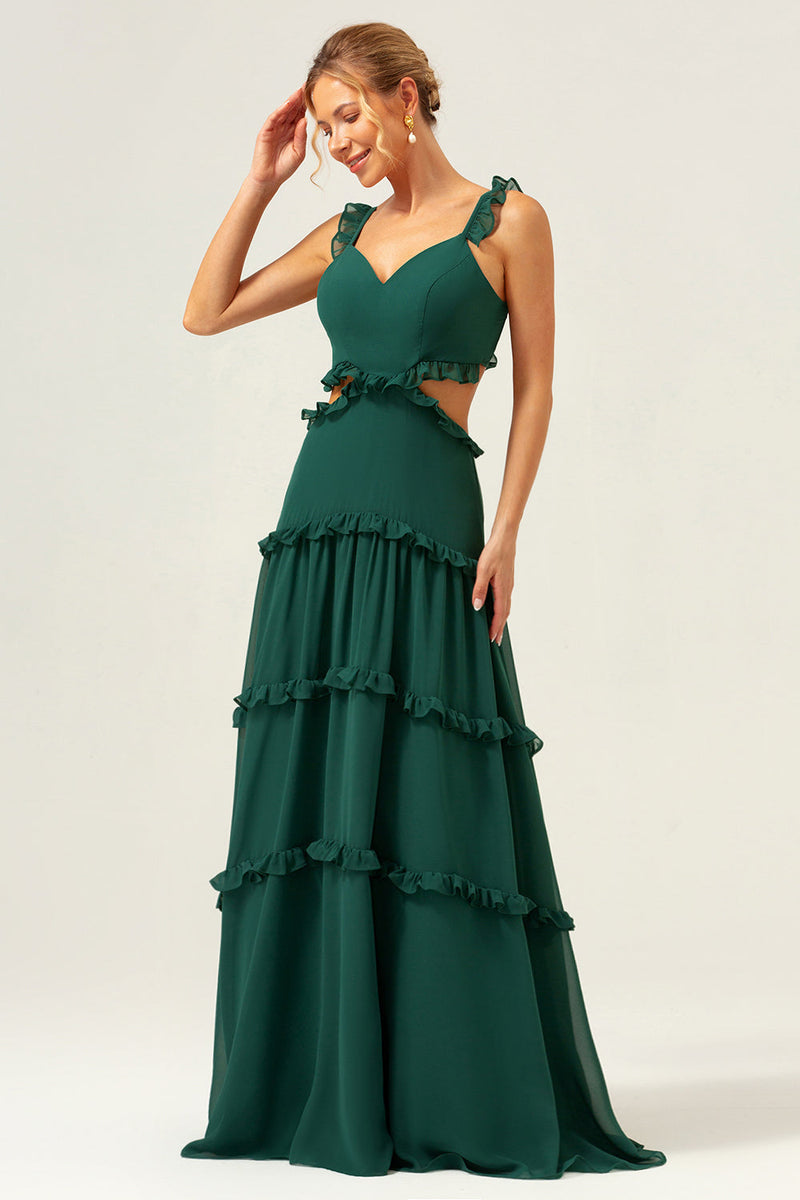 Load image into Gallery viewer, Dark Green A-Line Chiffon Ruffled Long Bridesmaid Dress with Hollow Out