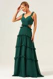 Dark Green A Line Chiffon Ruffled Long Bridesmaid Dress with Hollow Out