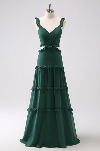 Dark Green A-Line Chiffon Ruffled Long Bridesmaid Dress with Hollow Out