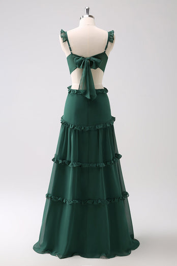 Dark Green A-Line Chiffon Ruffled Long Bridesmaid Dress with Hollow Out