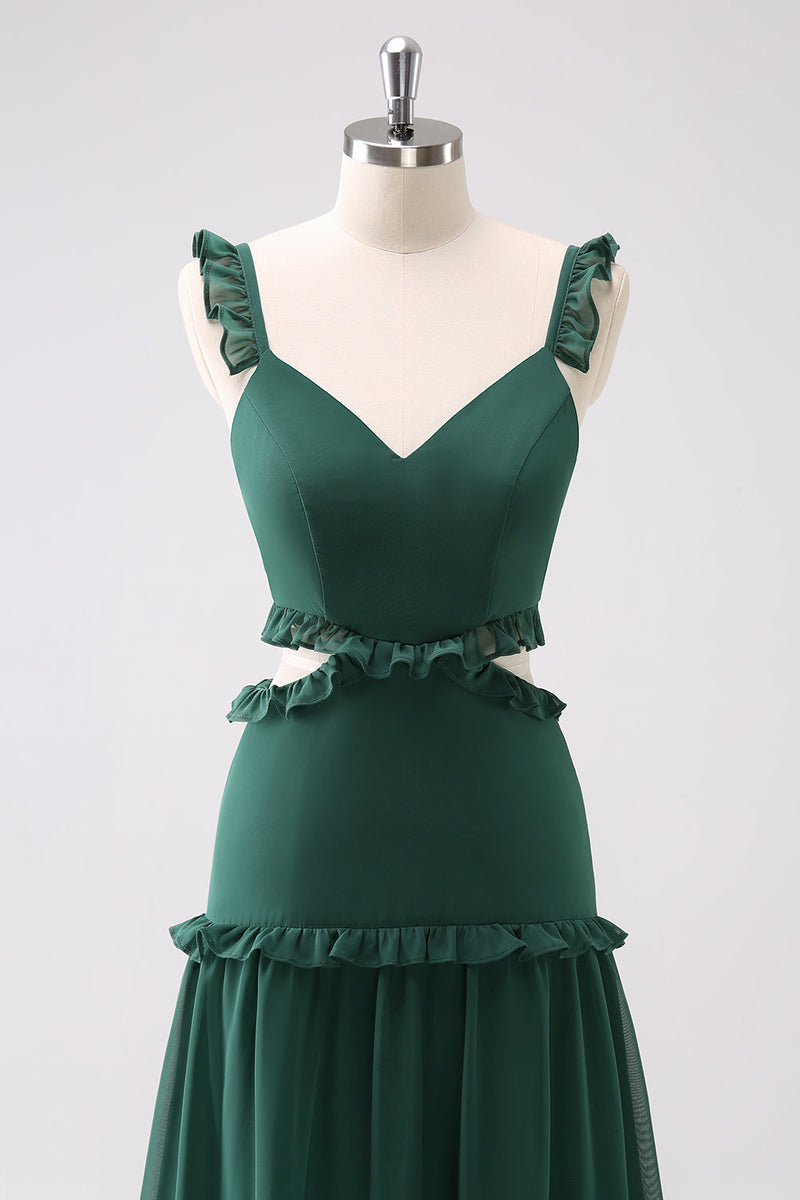 Load image into Gallery viewer, Dark Green A-Line Hollow Out Ruffled Long Bridesmaid Dress