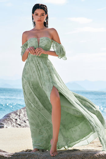 Dusty Sage A Line Off the Shoulder Print Long Prom Dress with Slit