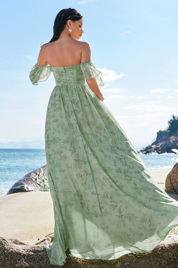 Dusty Sage A Line Off the Shoulder Print Long Prom Dress with Slit