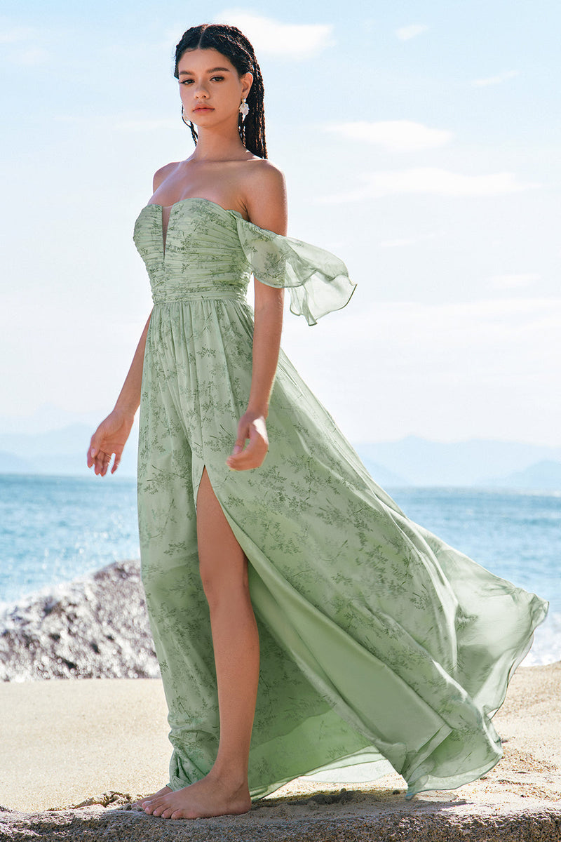 Load image into Gallery viewer, Dusty Sage A-Line Off Shoulder Print Long Bridesmaid Dress with Slit