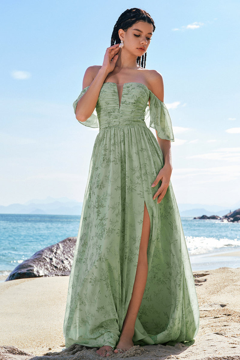 Load image into Gallery viewer, Dusty Sage A-Line Off Shoulder Print Long Bridesmaid Dress with Slit