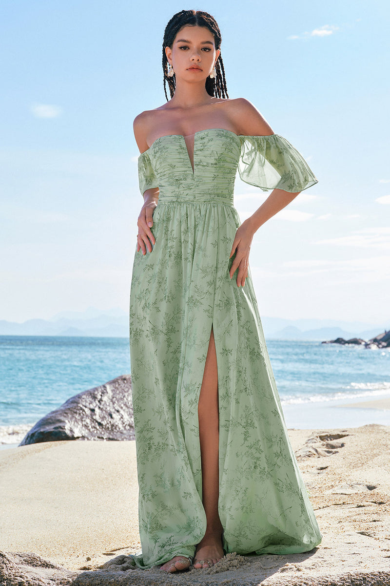 Load image into Gallery viewer, Dusty Sage A-Line Off Shoulder Print Long Bridesmaid Dress with Slit