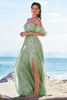 Load image into Gallery viewer, Dusty Sage A-Line Off Shoulder Print Long Bridesmaid Dress with Slit