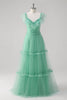 Load image into Gallery viewer, Green A Line V-Neck Tiered Tulle Bridesmaid Dress