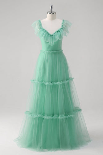 Green A Line V-Neck Tiered Tulle Bridesmaid Dress