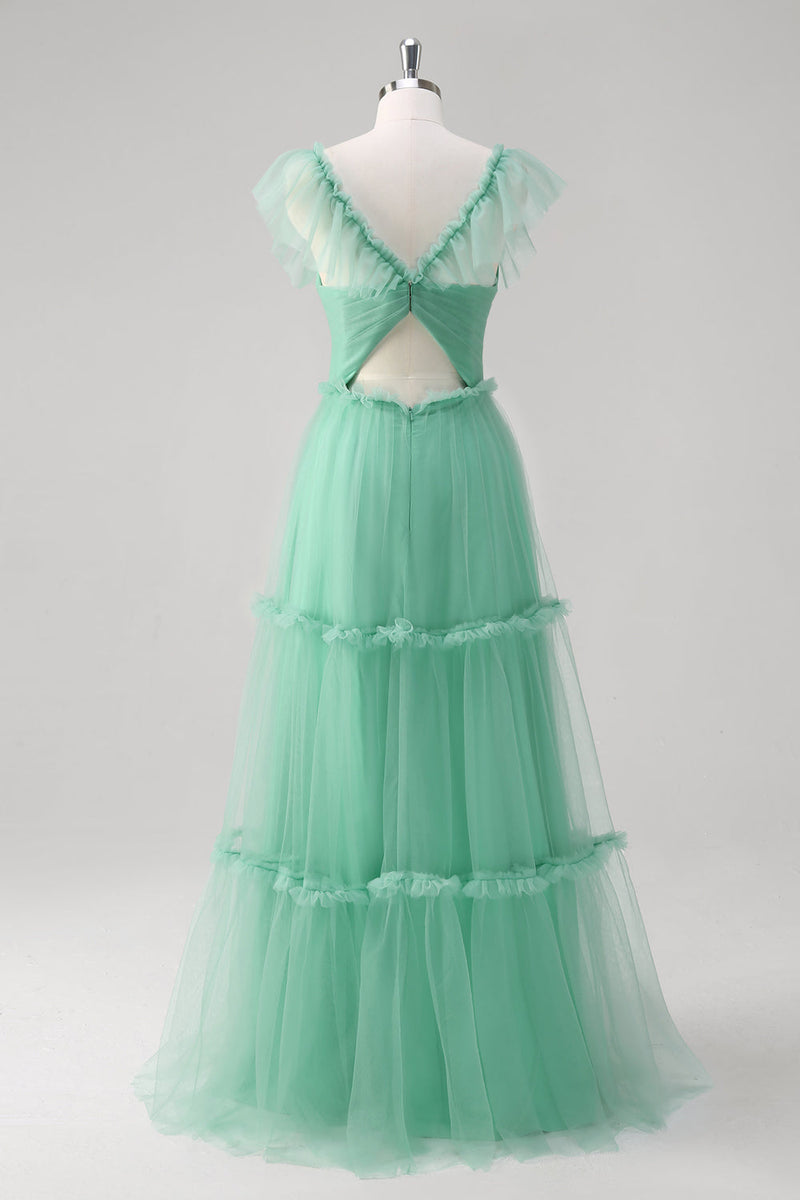 Load image into Gallery viewer, Green A Line V-Neck Tiered Tulle Bridesmaid Dress