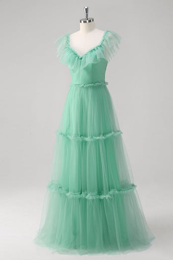 Green A Line V-Neck Tiered Tulle Bridesmaid Dress