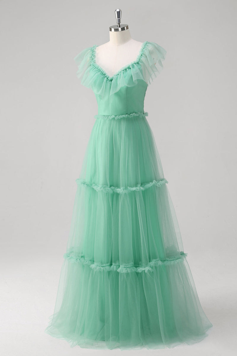 Load image into Gallery viewer, Green A Line V-Neck Tiered Tulle Bridesmaid Dress