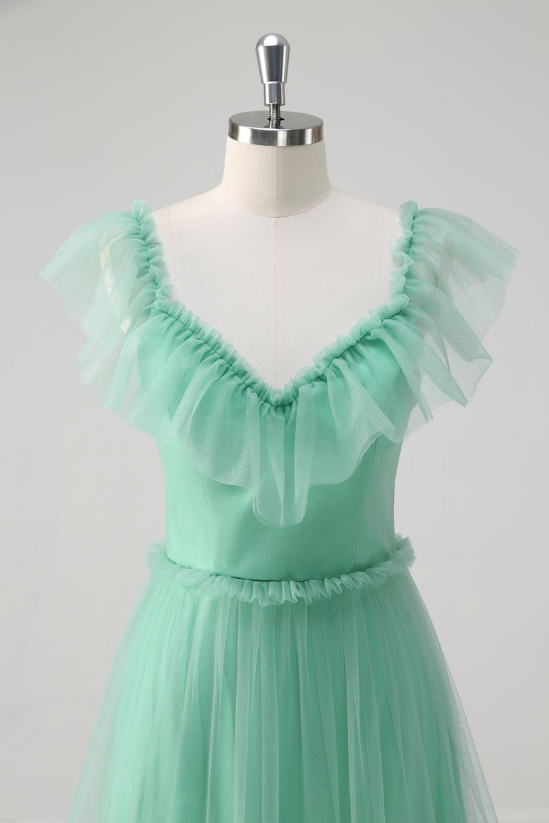 Load image into Gallery viewer, Green A Line V-Neck Tiered Tulle Bridesmaid Dress