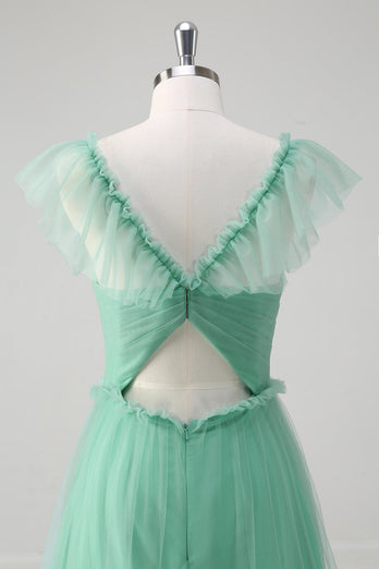 Green A Line V-Neck Tiered Tulle Bridesmaid Dress