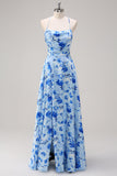 Blue A Line Floral Spaghetti Straps Long Bridesmaid Dress with Slit