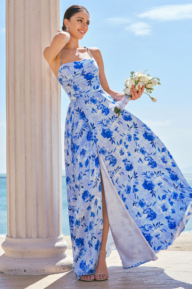 Load image into Gallery viewer, Blue Floral Spaghetti Straps Long Bridesmaid Dress with Slit