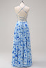 Load image into Gallery viewer, Blue A-Line Floral Spaghetti Straps Long Bridesmaid Dress with Slit