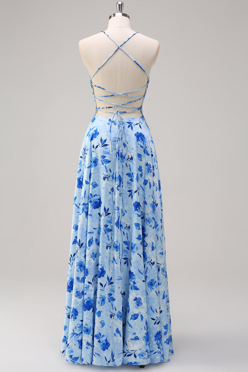 Load image into Gallery viewer, Blue A-Line Floral Spaghetti Straps Long Bridesmaid Dress with Slit