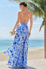 Load image into Gallery viewer, Blue Floral Spaghetti Straps Long Bridesmaid Dress with Slit