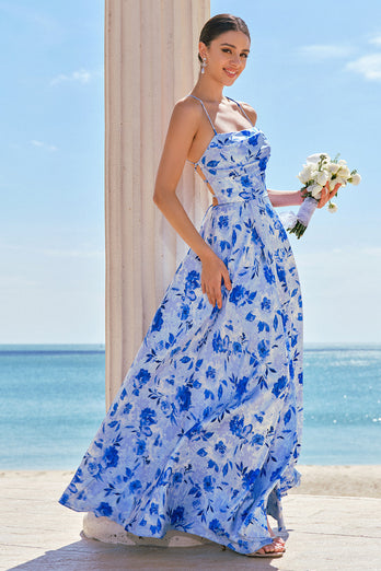 Blue Floral Spaghetti Straps Long Bridesmaid Dress with Slit