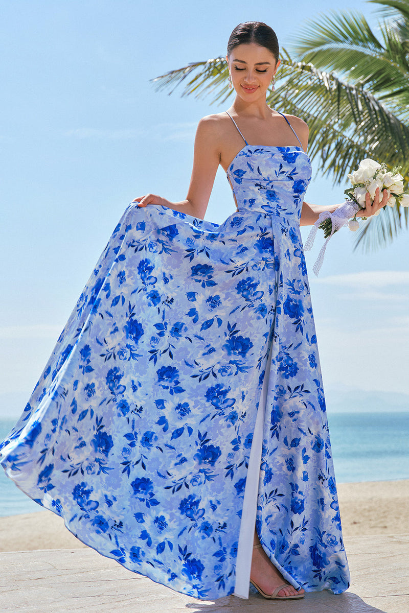 Load image into Gallery viewer, Blue Floral Spaghetti Straps Long Bridesmaid Dress with Slit