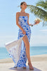 Load image into Gallery viewer, Blue Floral Spaghetti Straps Long Bridesmaid Dress with Slit