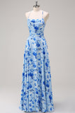 Blue A Line Floral Spaghetti Straps Long Bridesmaid Dress with Slit