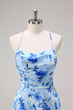 Blue A Line Floral Spaghetti Straps Long Bridesmaid Dress with Slit