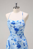 Blue A Line Floral Spaghetti Straps Long Bridesmaid Dress with Slit